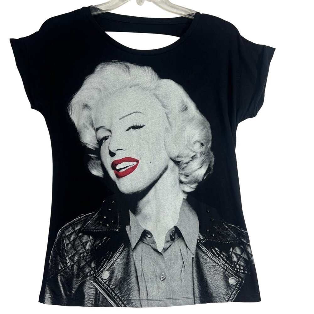 Marilyn Monroe Graphic Black Cutout Back Short Sleeve T-Shirt Studded Details M
